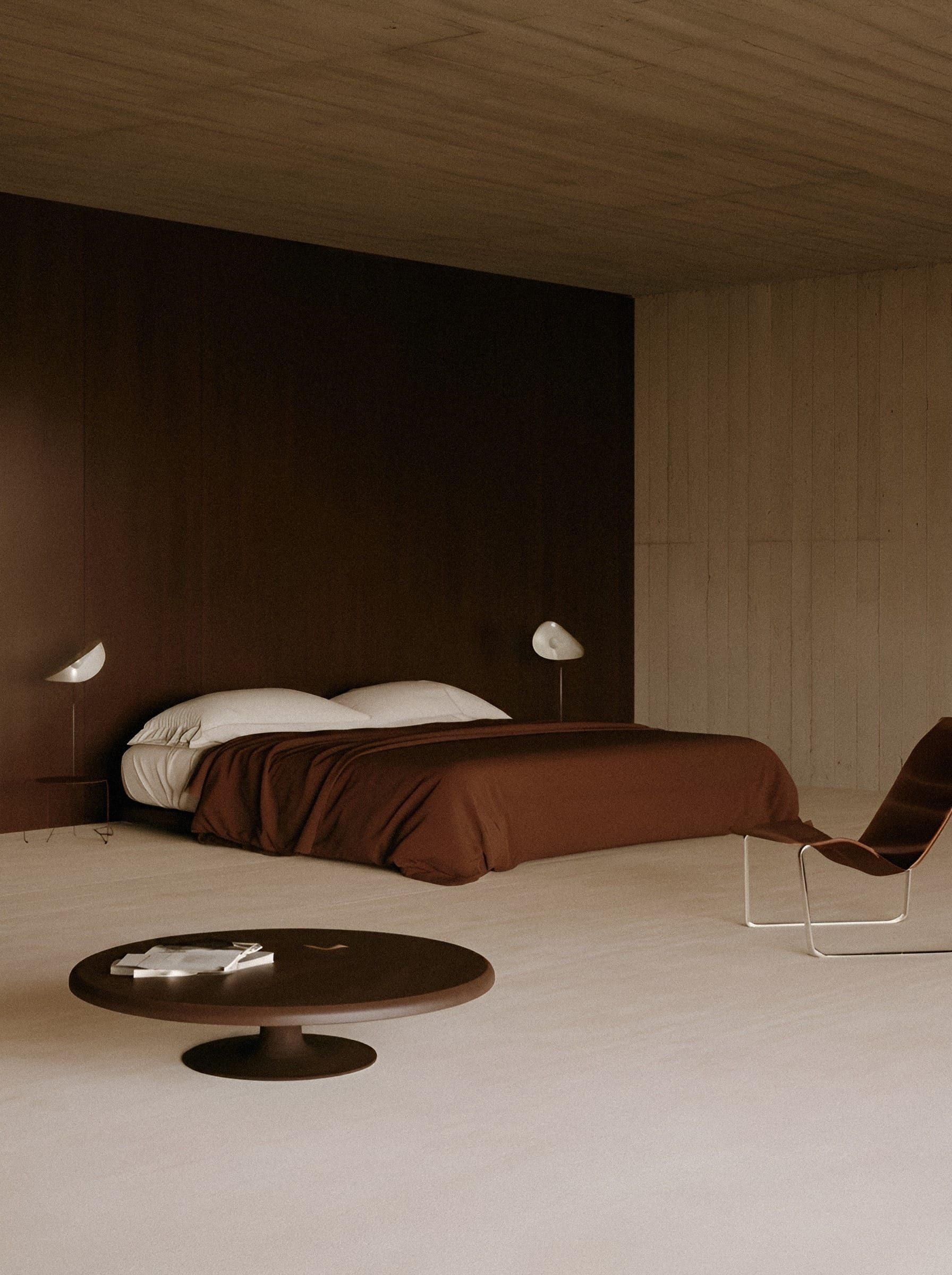 Bedroom interior with brown bedding.