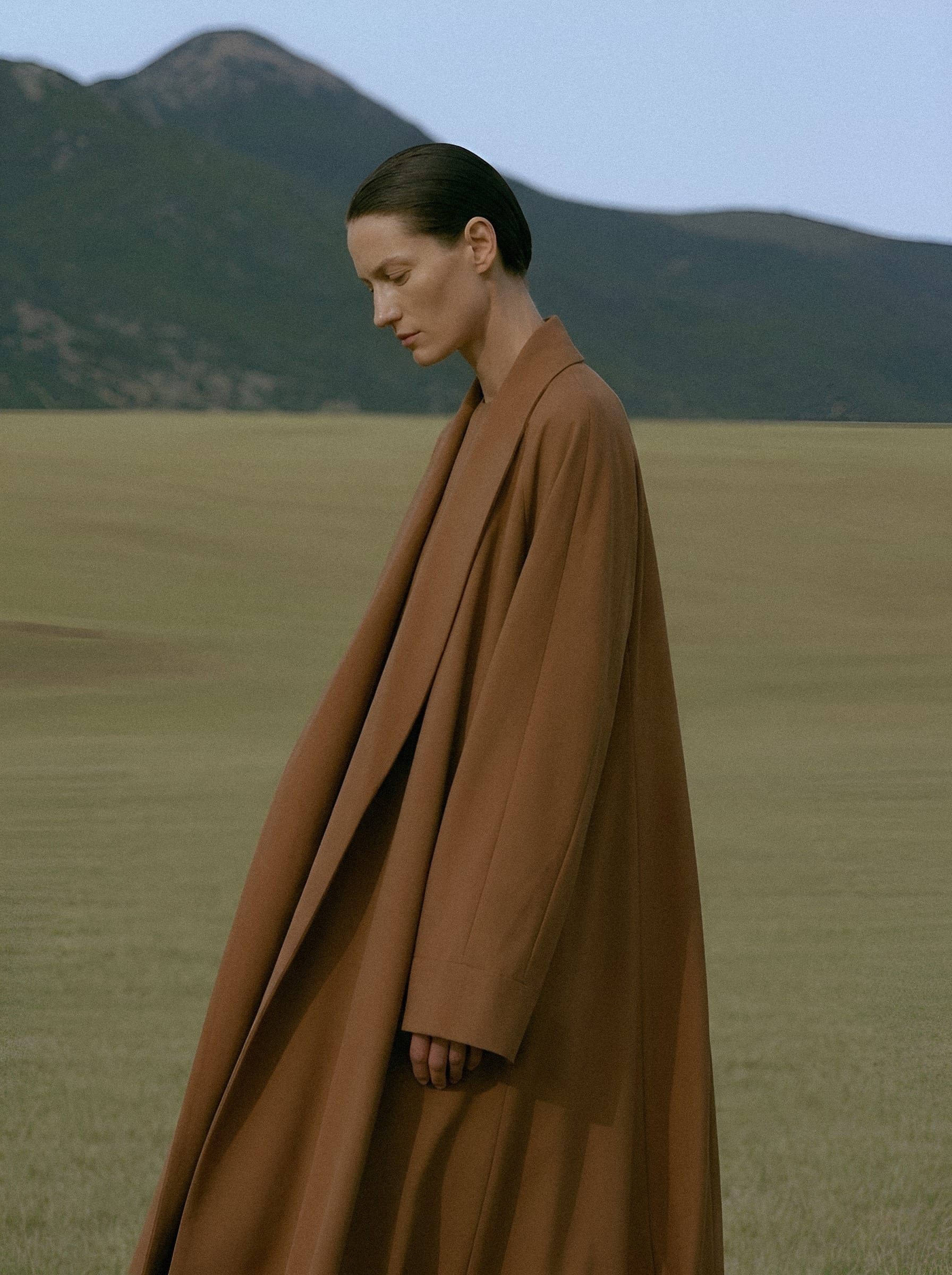 Figure in camel cloth against mountain.