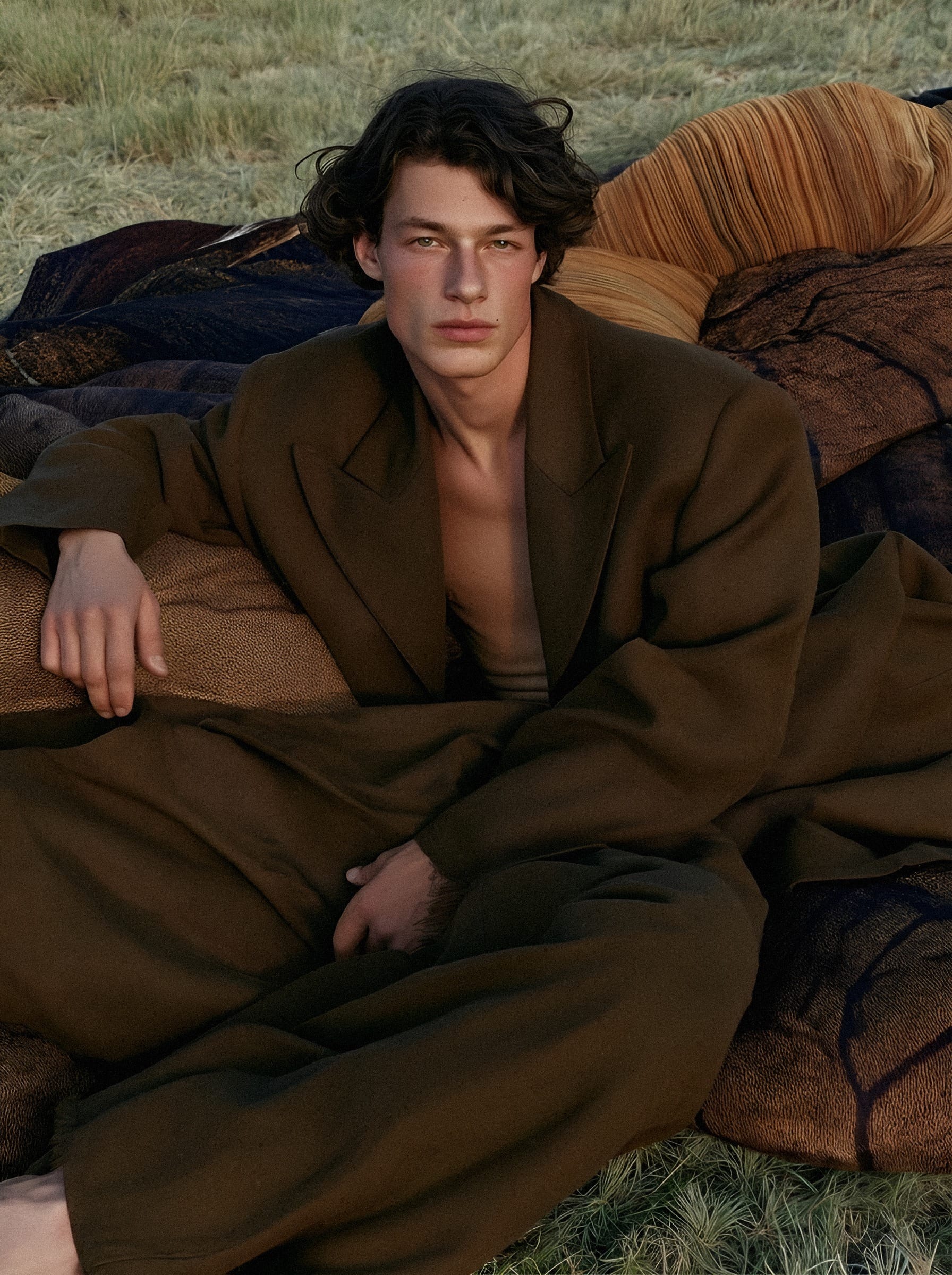 Man in olive overcoat reclining.