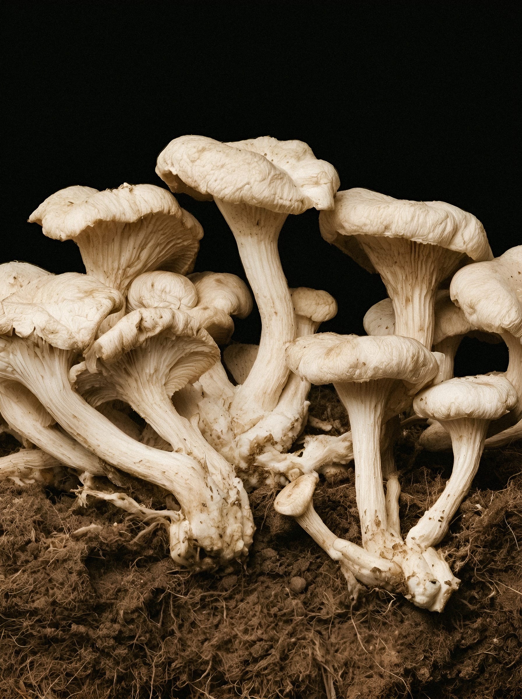 Pale mushrooms clustered in soil.