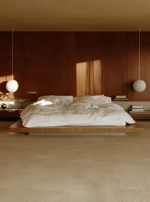 Bedroom in warm timber and earth.