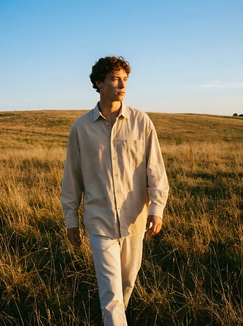 Man in linen shirt across grassland.