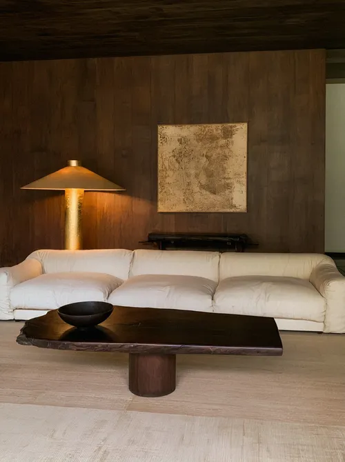 Sculptural table with minimalist seating.